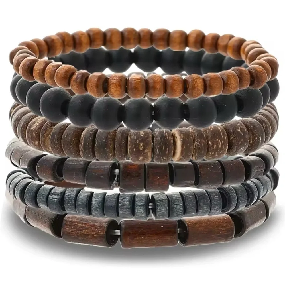 3 For $35 Bohemian Natural Wood Stacked Dyed Bead Bracelet Set
